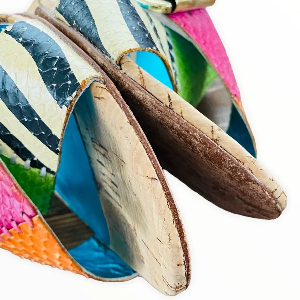 Beverly Feldman 80’s Karena Mixed Print Colorful Belted Cork Wedges‎ Size 7